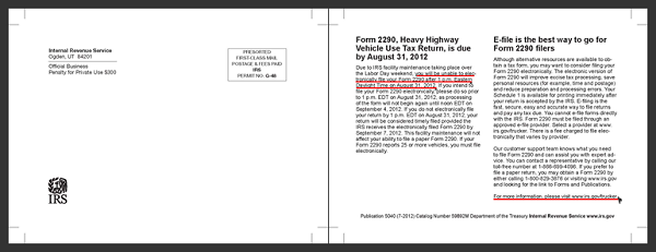IRS Post Card about Form 2290 Due Date