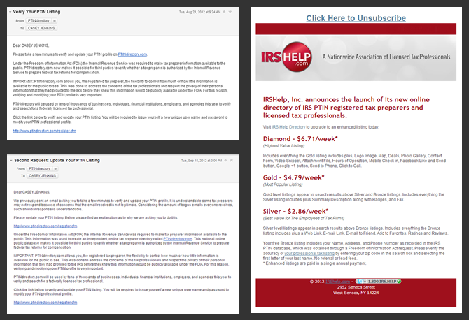 Three Examples of PTIN Registry Emails